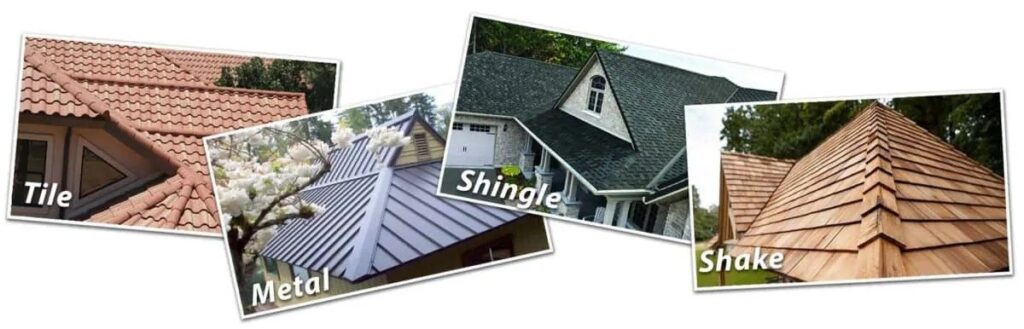 Various roofing types in Pittsburgh including tile, metal, shingle, and shake roofing materials on residential homes and commercial buildings