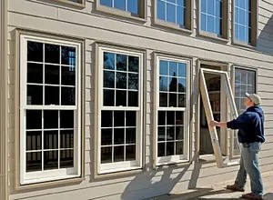 Pittsburgh commercial window replacement and repair installing energy-efficient windows on a multi-story office building using scaffolding and safety gear